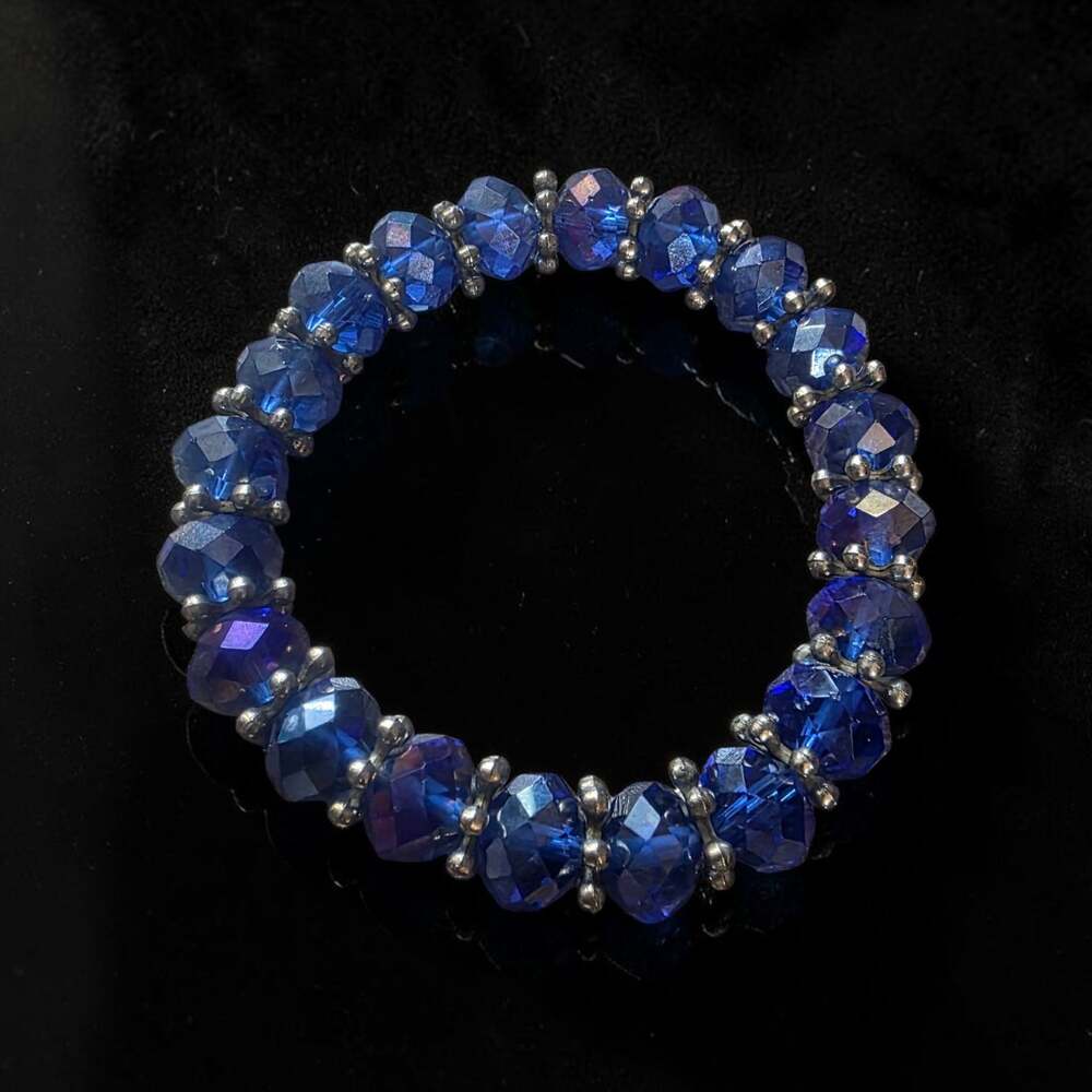 Faceted Blue Crystal and Silver-Tone Beaded Stretch Bracelet